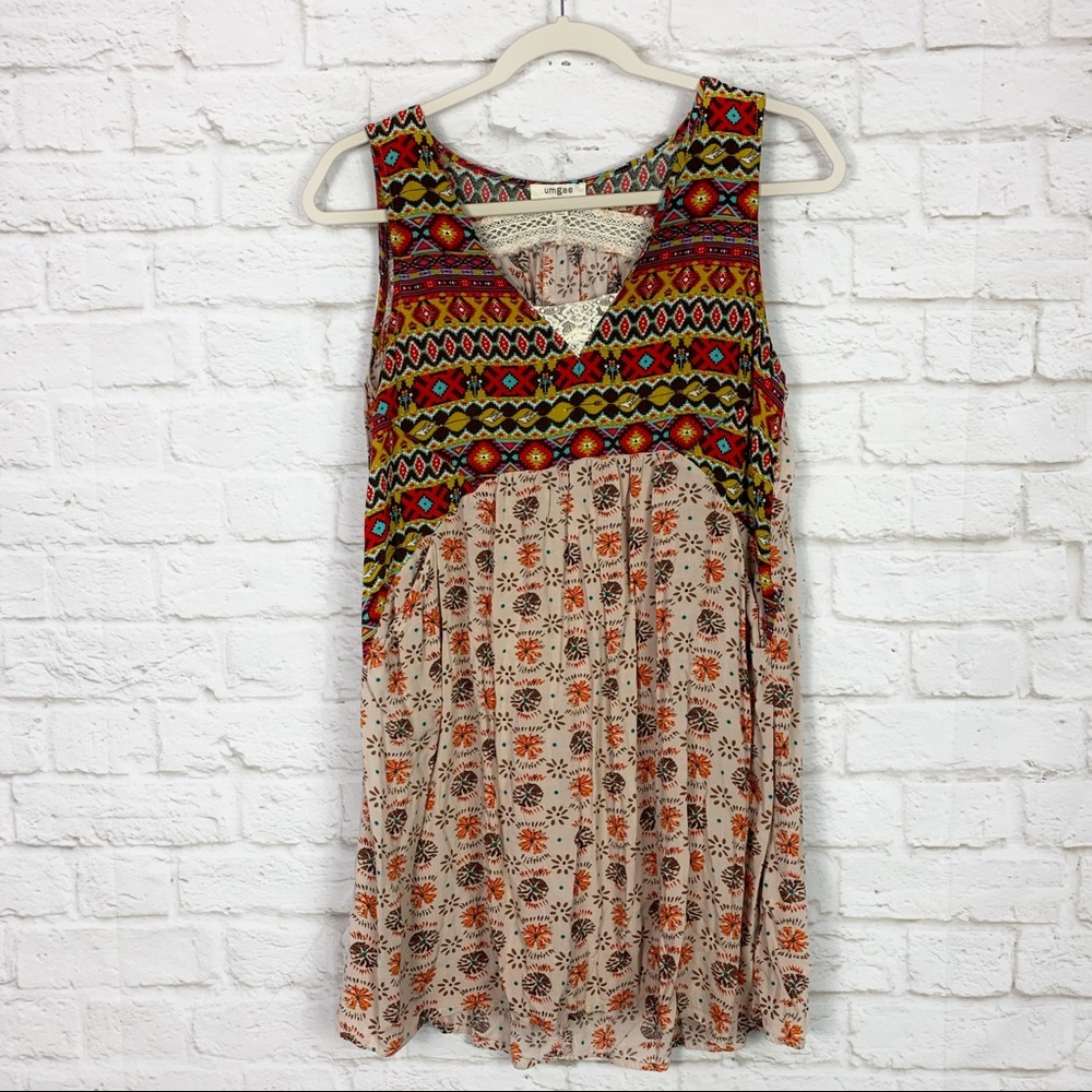 Umgee Boho Sleeveless Aztec Floral Mixed Media Top - Picture 2 of 10
